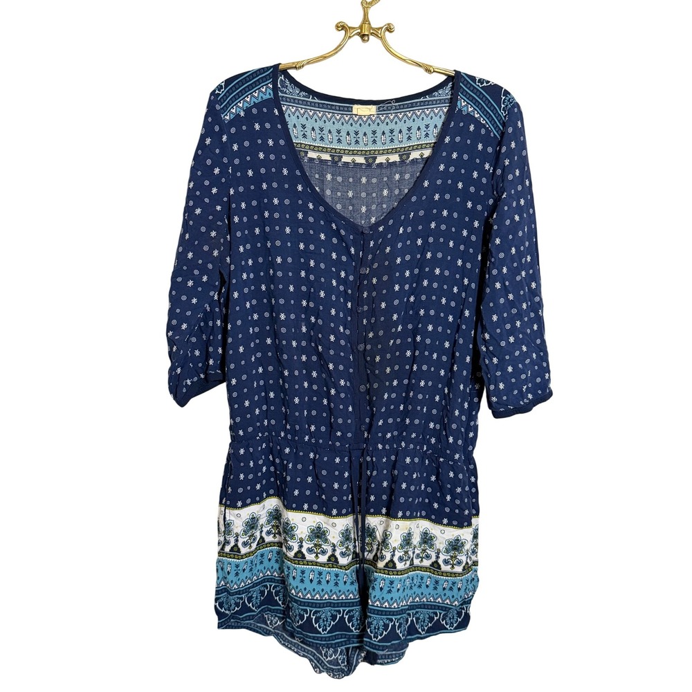 Garage Womens Romper Large Blue Floral Print Drawstring Casual